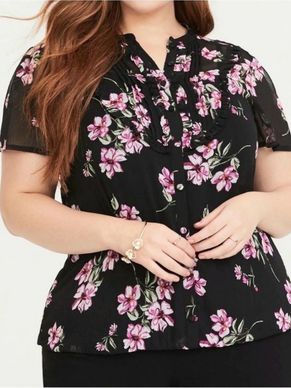 torrid Black Sheer Pink Floral Ruffle Blouse
